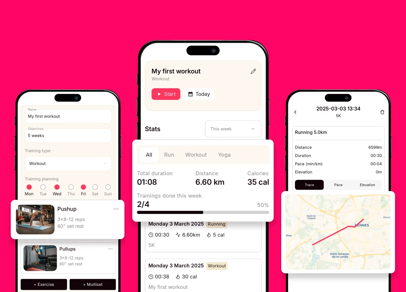Trois écrans de My Fitness Tracker : création d’une séance, statistiques de la semaine et tracé GPS d’une course